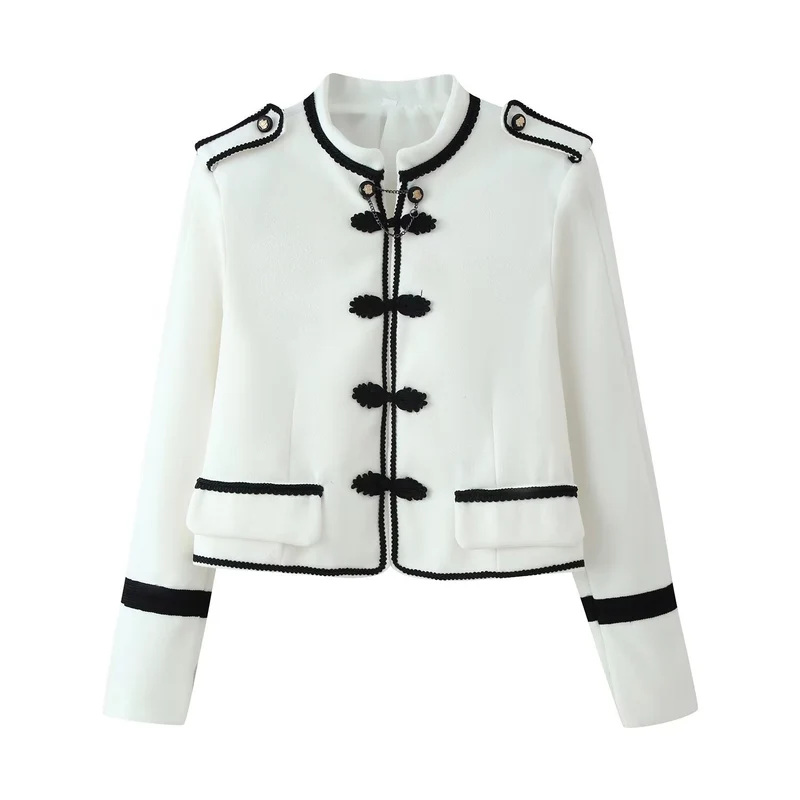 Damen Kurzjacke im Bouclé‑Look mit Mandarin‑Kragen, Kordelfroschverschluss und Zier‑Schulterklappen Drune