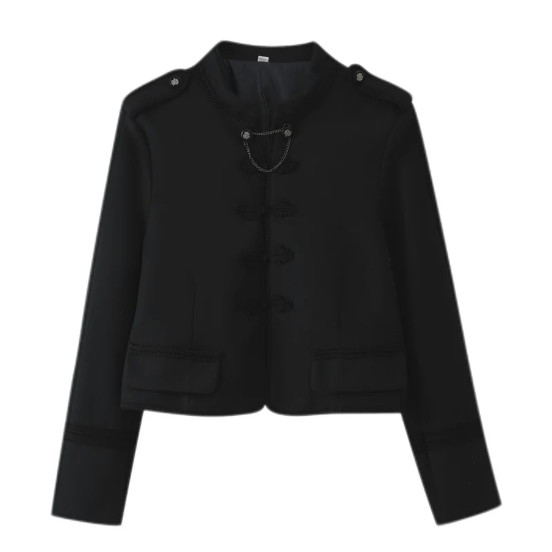 Damen Kurzjacke im Bouclé‑Look mit Mandarin‑Kragen, Kordelfroschverschluss und Zier‑Schulterklappen Drune