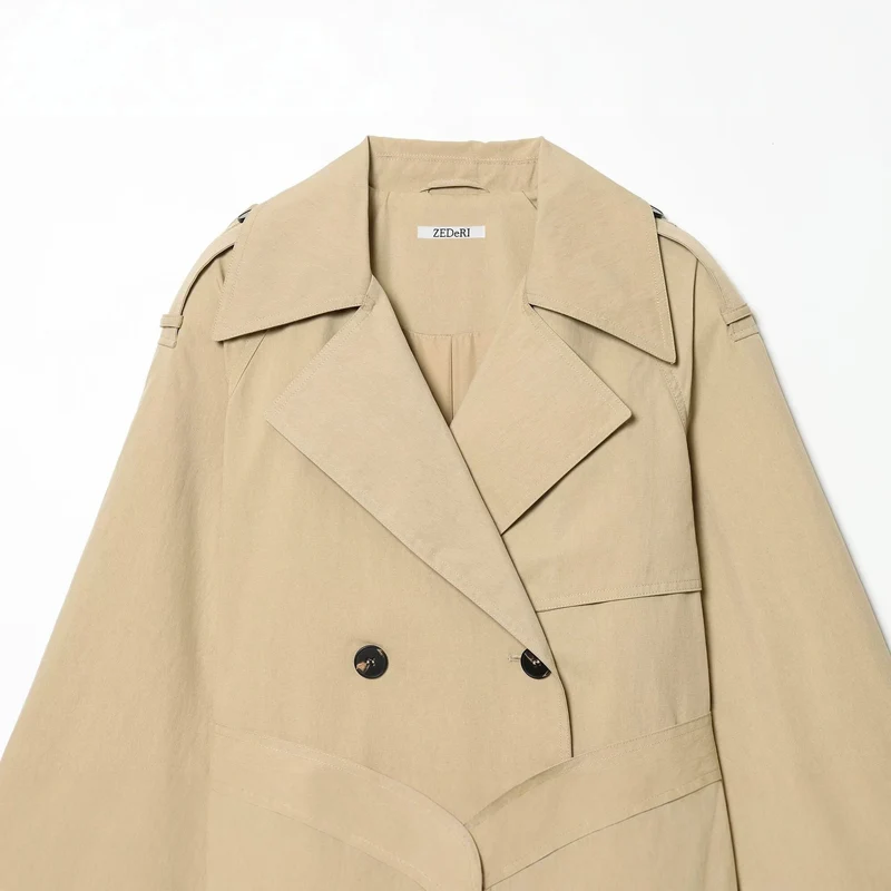 Damen kurzgeschnittener Trenchcoat mit Taillengürtel und Doppelreiher Drune
