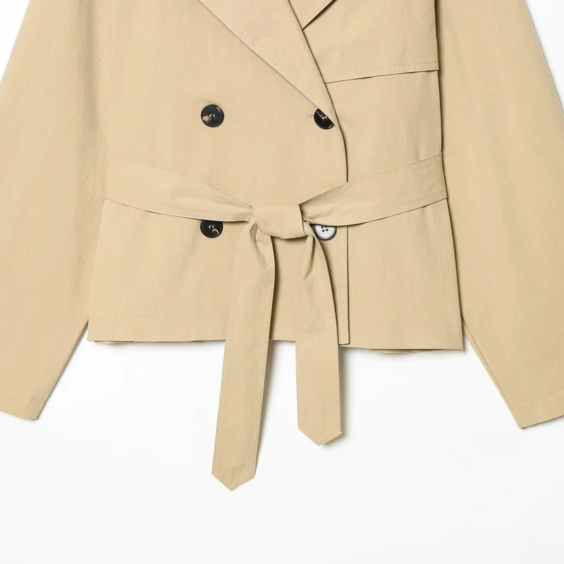 Damen kurzgeschnittener Trenchcoat mit Taillengürtel und Doppelreiher Drune