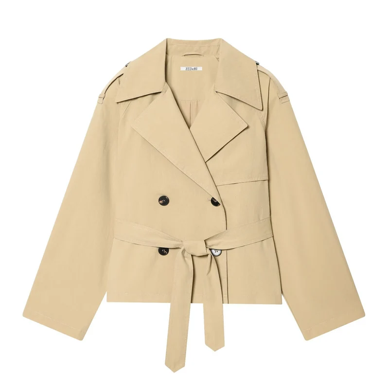 Damen kurzgeschnittener Trenchcoat mit Taillengürtel und Doppelreiher Drune