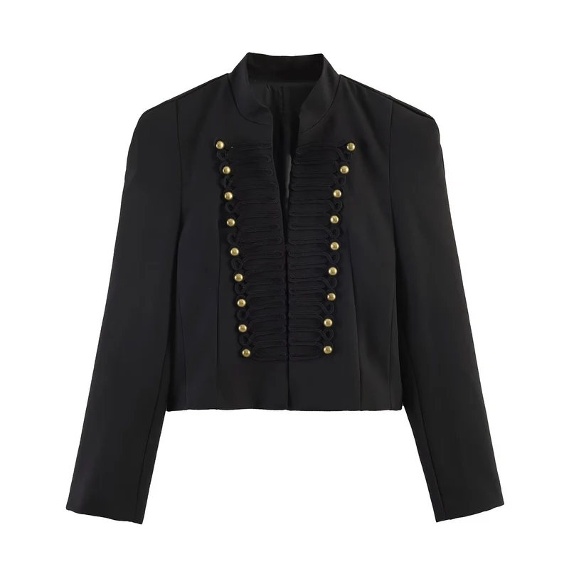 Damen Kurzgeschnittener militärinspirierter Blazer mit Stehkragen und Zierkordel-Front Drune