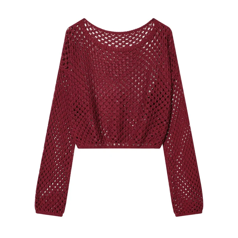 Damen Kurzgeschnittener Häkelpullover mit Lochmuster und weitem Ausschnitt Drune