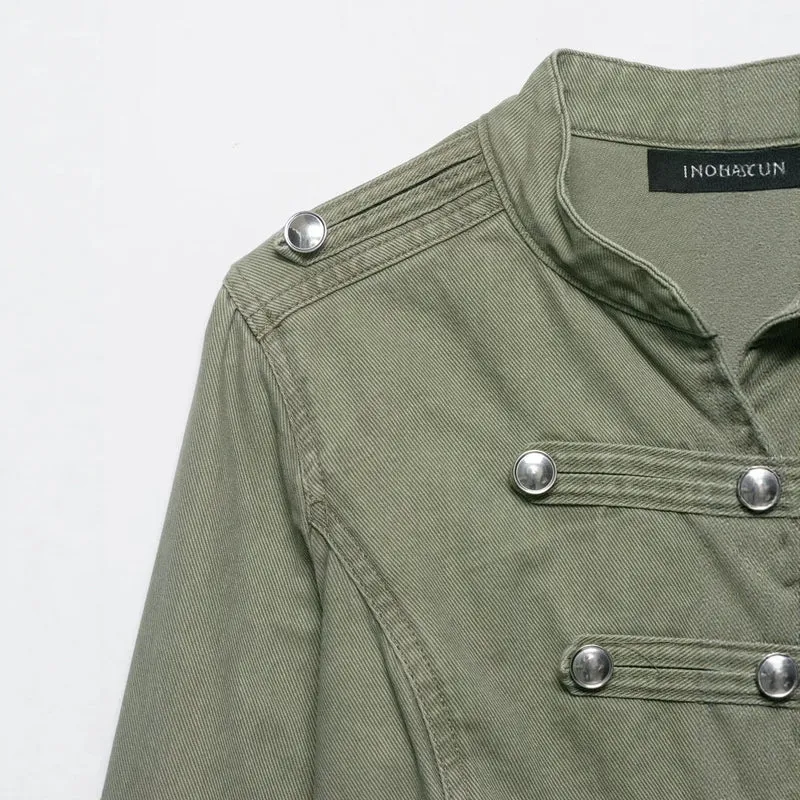 Damen Kurzgeschnittene Military-Jacke mit Stehkragen, Zierknopfleiste und taillierter Silhouette Drune