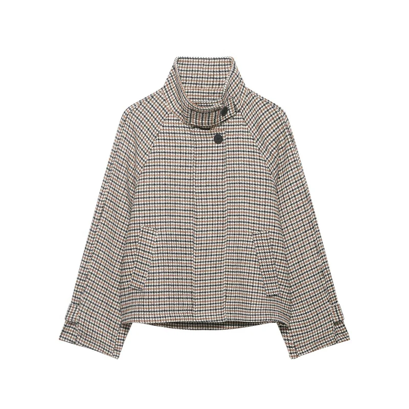 Damen Kurzgeschnittene Bouclé-Jacke mit hohem Stehkragen und Raglanärmeln Drune
