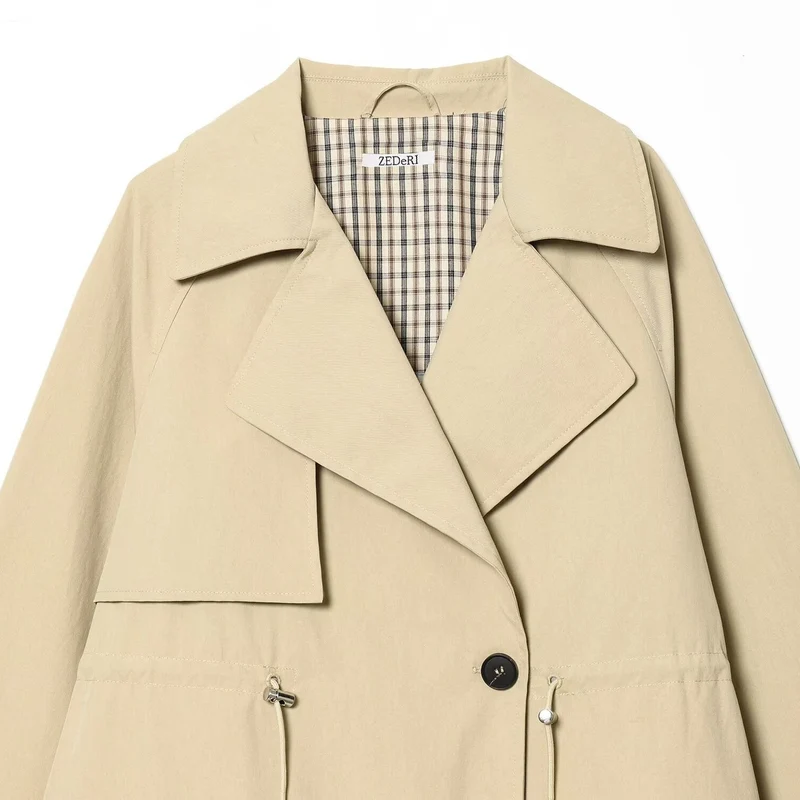Damen Kurzer Oversize-Trenchcoat mit Tunnelzugtaillen und weitem Revers Drune