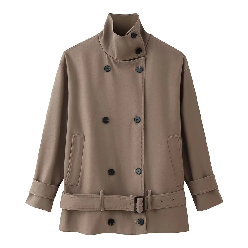 Damen Kurzer doppeltreihiger Trenchcoat mit Stehkragen und Taillengürtel Drune