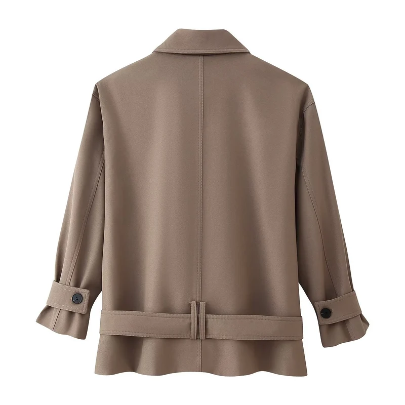 Damen Kurzer doppeltreihiger Trenchcoat mit Stehkragen und Taillengürtel Drune