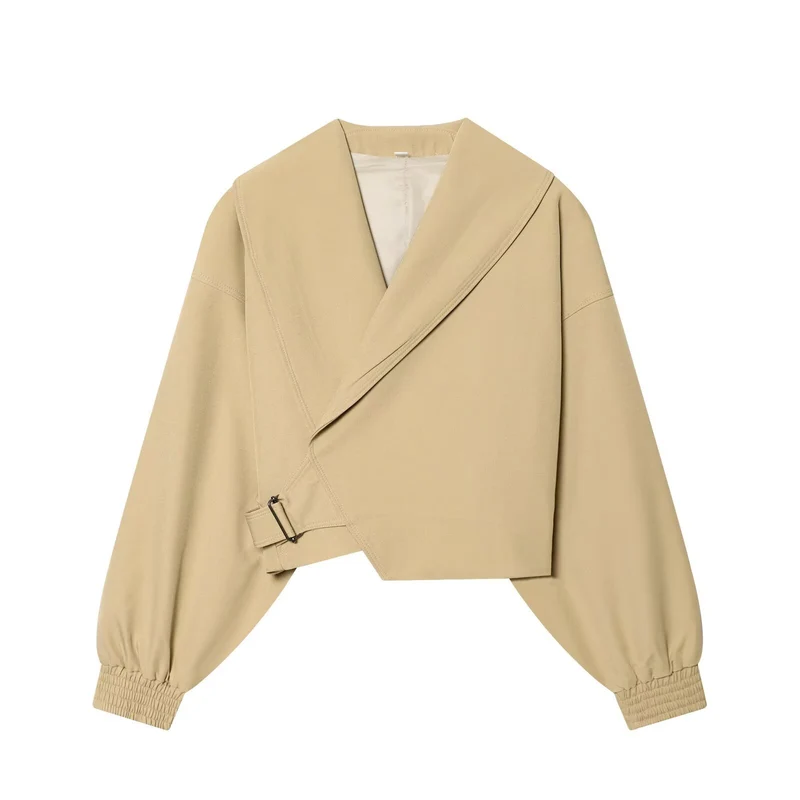 Damen Kurze Wickeljacke mit weitem Schalkragen, taillierendem Schnallenband und Ballonärmeln Drune