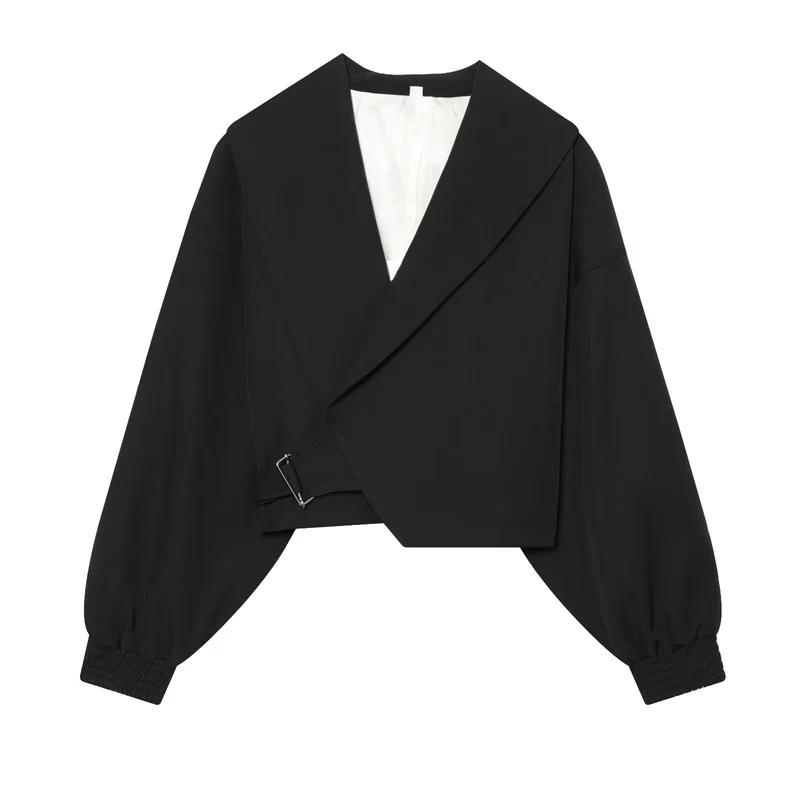 Damen Kurze Wickeljacke mit weitem Schalkragen, taillierendem Schnallenband und Ballonärmeln Drune