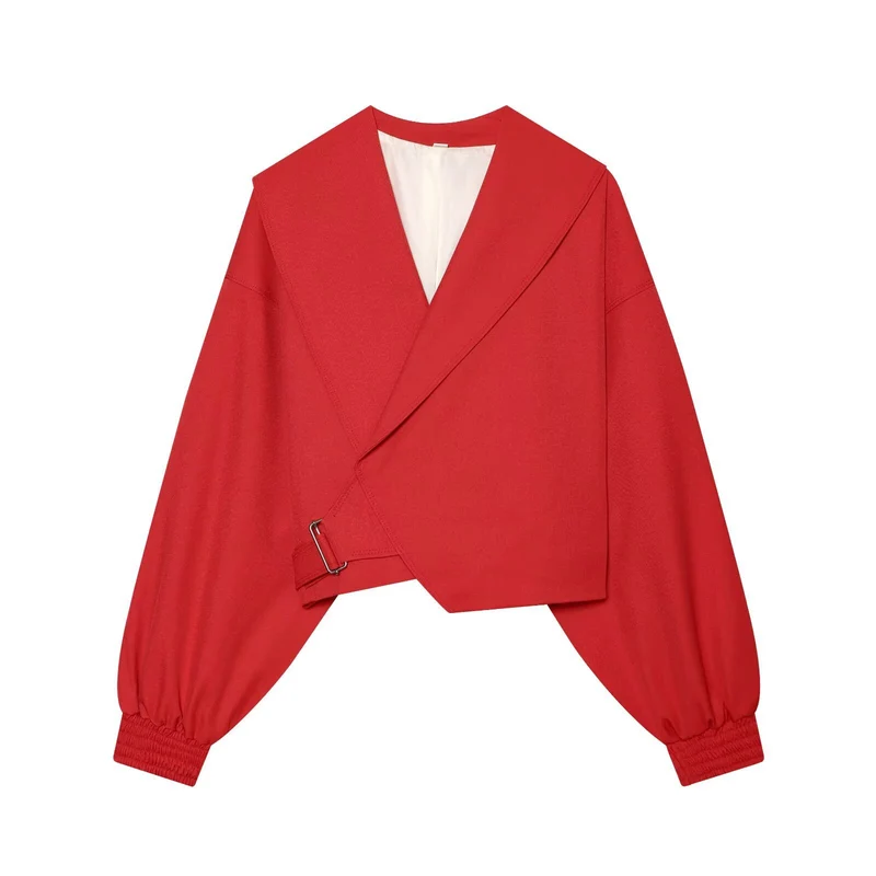 Damen Kurze Wickeljacke mit weitem Schalkragen, taillierendem Schnallenband und Ballonärmeln Drune