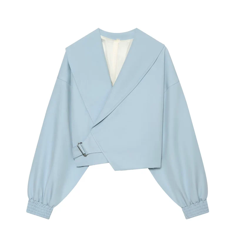 Damen Kurze Wickeljacke mit weitem Schalkragen, taillierendem Schnallenband und Ballonärmeln Drune