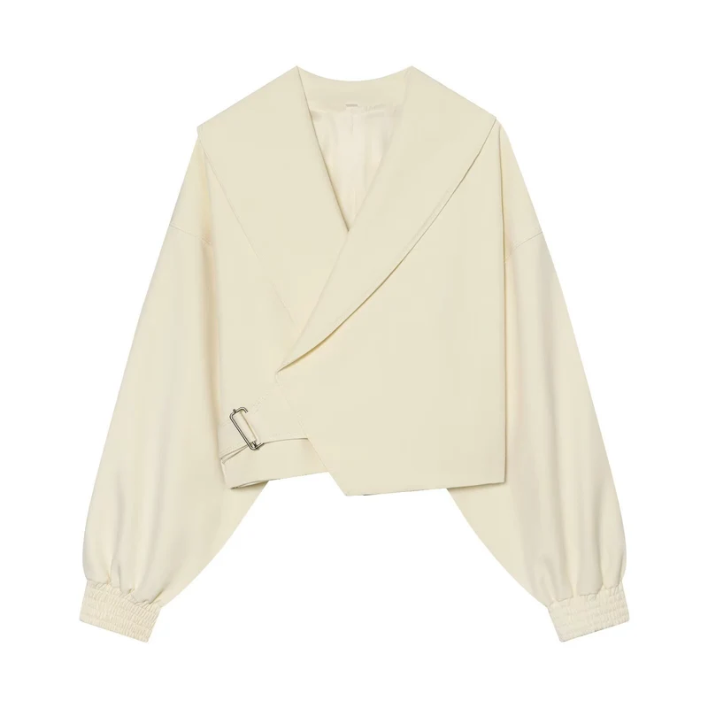 Damen Kurze Wickeljacke mit weitem Schalkragen, taillierendem Schnallenband und Ballonärmeln Drune