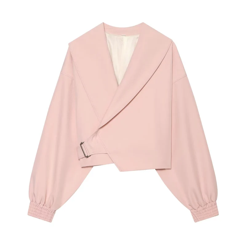 Damen Kurze Wickeljacke mit weitem Schalkragen, taillierendem Schnallenband und Ballonärmeln Drune