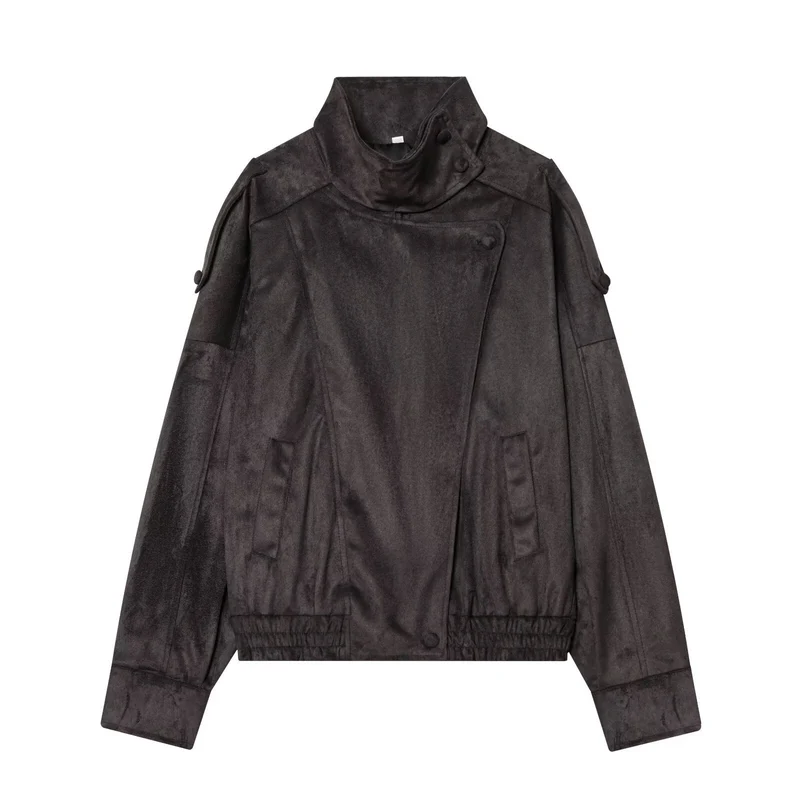 Damen Kurze Velours‑Optik Bomberjacke mit hohem Stehkragen und asymmetrischer Knopfleiste Drune