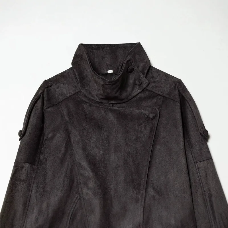 Damen Kurze Velours‑Optik Bomberjacke mit hohem Stehkragen und asymmetrischer Knopfleiste Drune