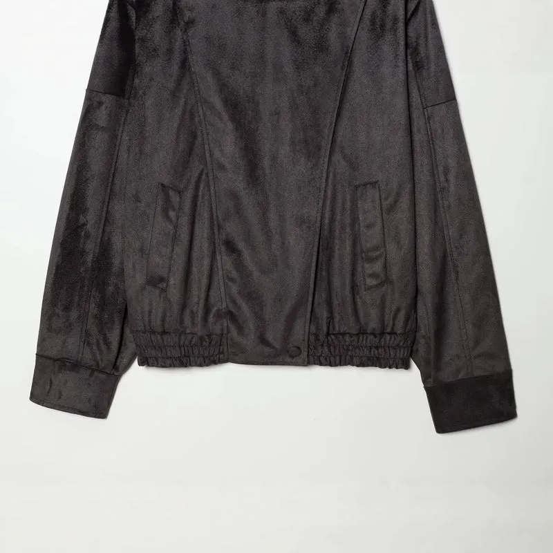 Damen Kurze Velours‑Optik Bomberjacke mit hohem Stehkragen und asymmetrischer Knopfleiste Drune