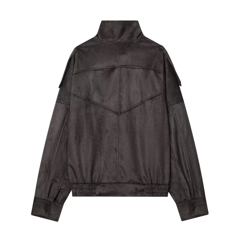 Damen Kurze Velours‑Optik Bomberjacke mit hohem Stehkragen und asymmetrischer Knopfleiste Drune