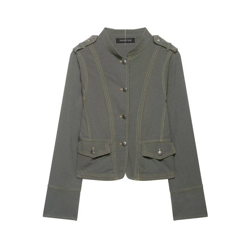 Damen Kurze Utility-Jacke mit Stehkragen, Schulterklappen und aufgesetzten Pattentaschen Drune