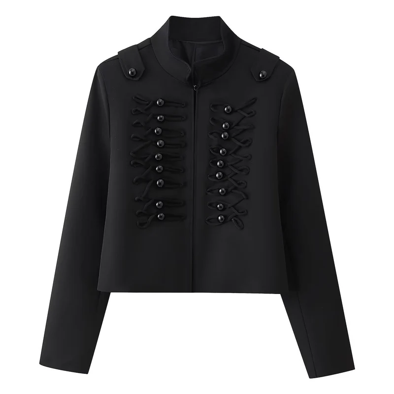 Damen Kurze uniforminspirierte Jacke mit Stehkragen und dekorativen Kordel‑Applikationen Drune