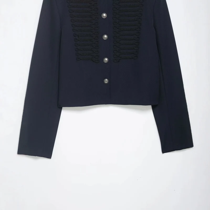 Damen Kurze Military Jacke mit Stehkragen, Zierkordeln und Metallknopfleiste Drune