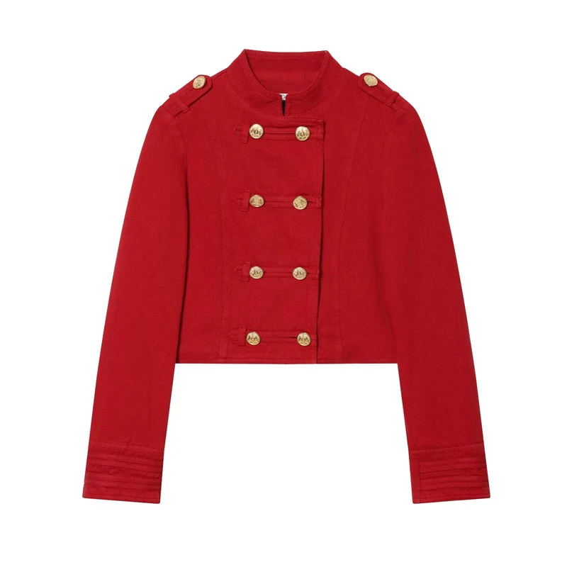 Damen Kurze Militärblazer-Jacke mit Stehkragen und goldenen Zierknöpfen Drune