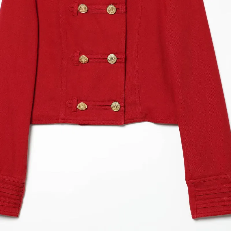 Damen Kurze Militärblazer-Jacke mit Stehkragen und goldenen Zierknöpfen Drune