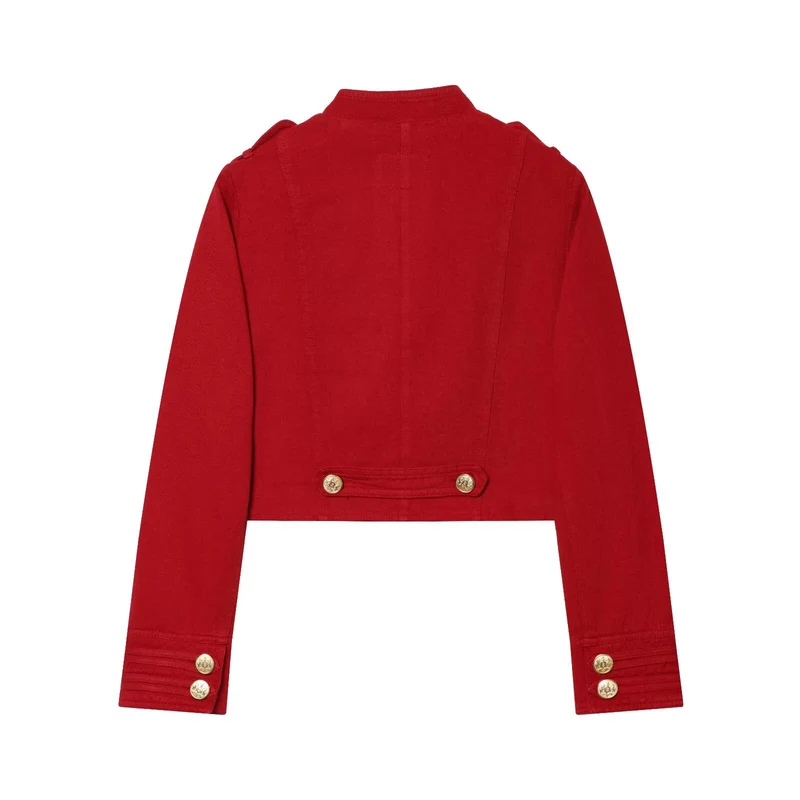 Damen Kurze Militärblazer-Jacke mit Stehkragen und goldenen Zierknöpfen Drune