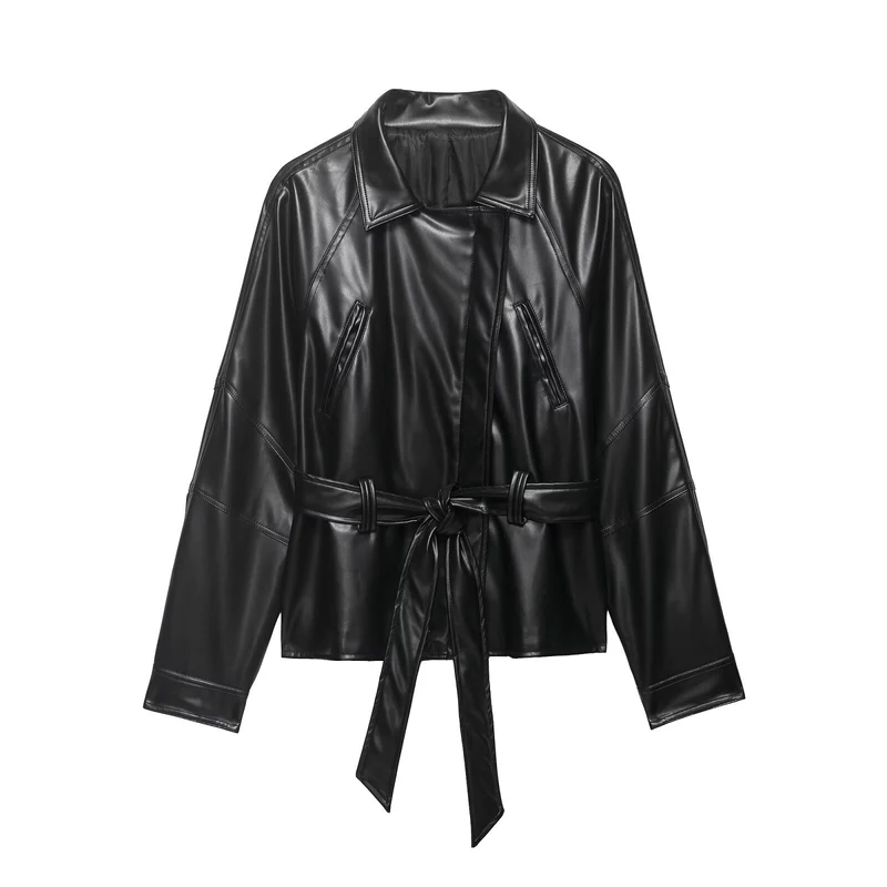 Damen Kurze Lederoptik-Trenchjacke mit Taillengürtel und überschnittenen Raglanärmeln Drune