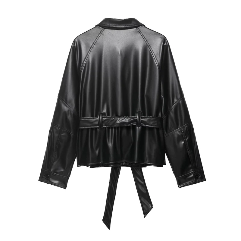 Damen Kurze Lederoptik-Trenchjacke mit Taillengürtel und überschnittenen Raglanärmeln Drune