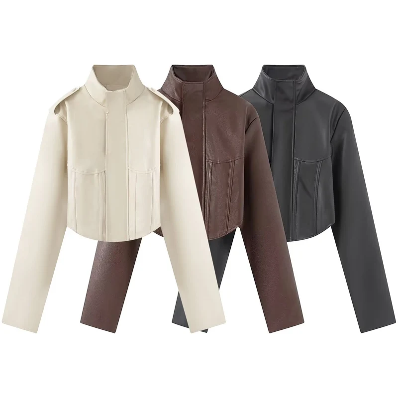 Damen Kurze Lederoptik-Jacke mit Korsagennaht und Stehkragen Drune