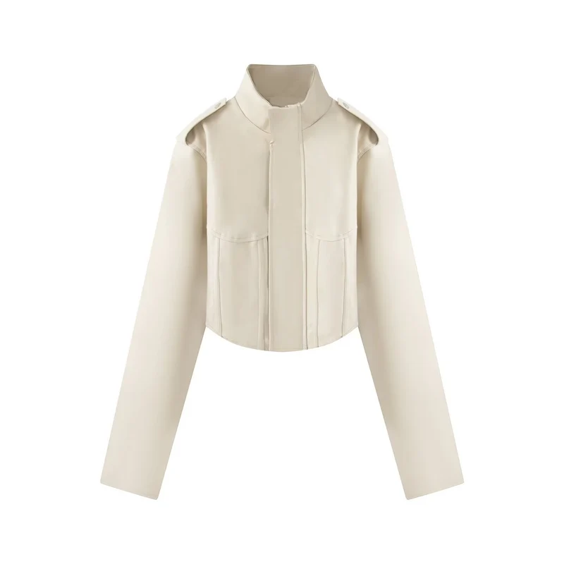 Damen Kurze Lederoptik-Jacke mit Korsagennaht und Stehkragen Drune