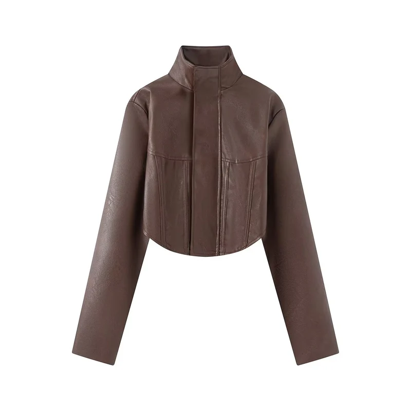 Damen Kurze Lederoptik-Jacke mit Korsagennaht und Stehkragen Drune