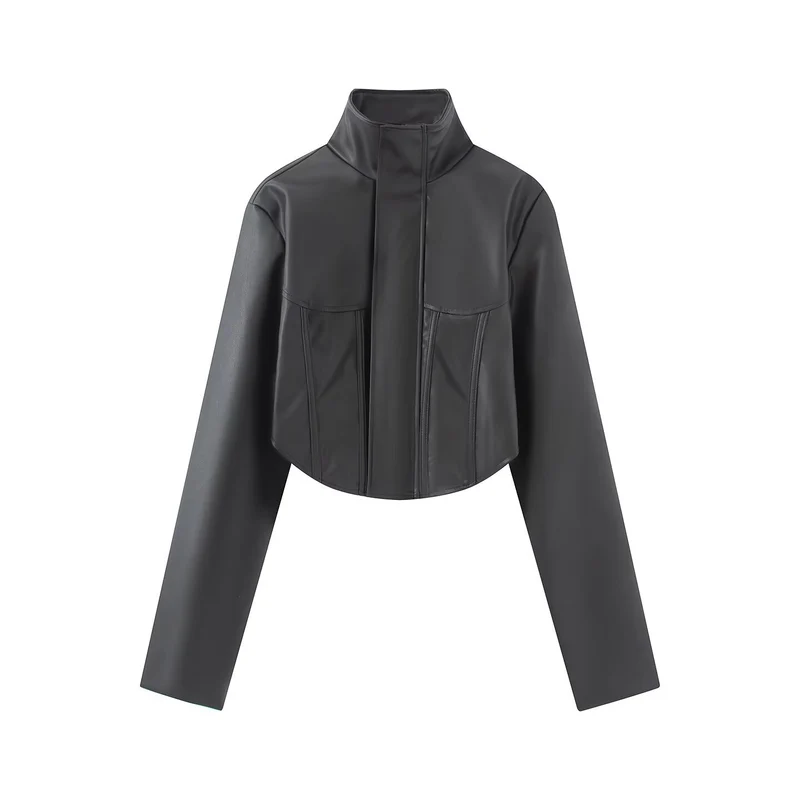 Damen Kurze Lederoptik-Jacke mit Korsagennaht und Stehkragen Drune