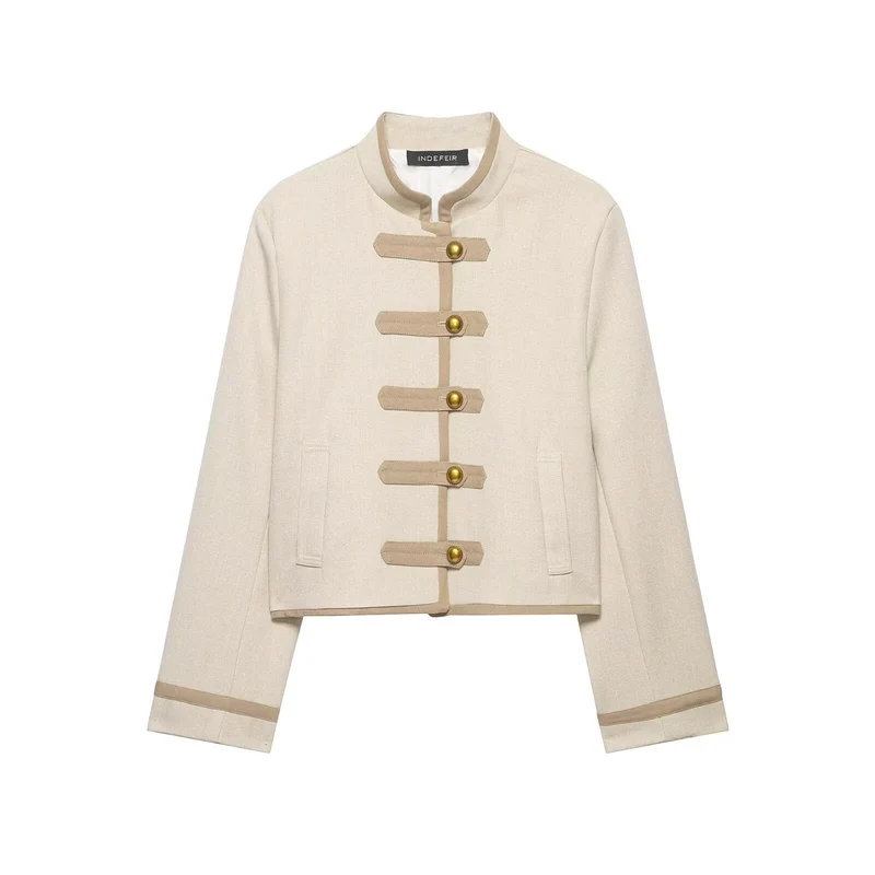 Damen Kurze Jacke im militärisch inspirierten Stil mit Stehkragen und Zierriemen Drune