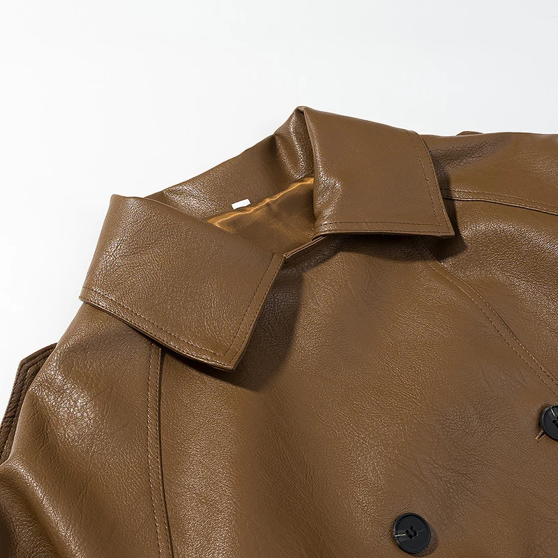 Damen Kurze Doppelreiher Kunstleder-Trenchjacke mit Taillengürtel Drune