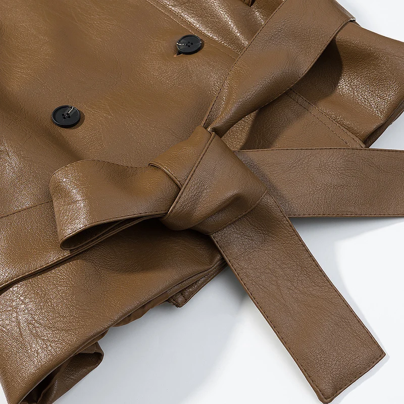 Damen Kurze Doppelreiher Kunstleder-Trenchjacke mit Taillengürtel Drune