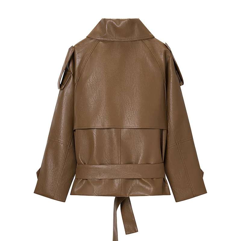 Damen Kurze Doppelreiher Kunstleder-Trenchjacke mit Taillengürtel Drune