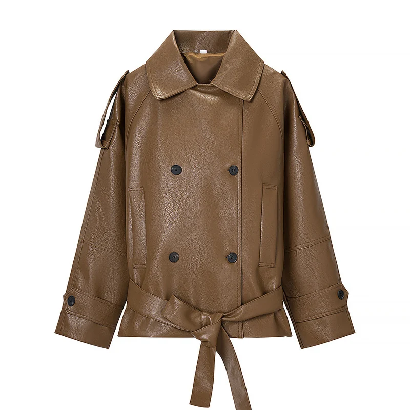 Damen Kurze Doppelreiher Kunstleder-Trenchjacke mit Taillengürtel Drune