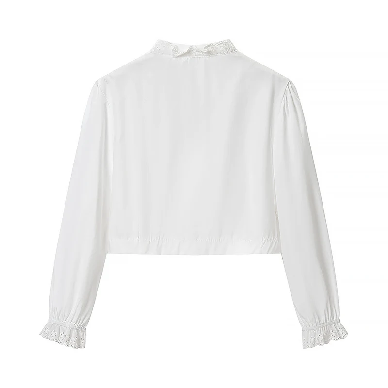 Damen Kurzbluse mit Broderie-Anglaise‑Besatz, Stehkragen und geraffter Taillenpartie Drune