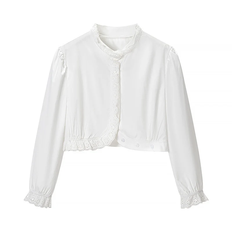 Damen Kurzbluse mit Broderie-Anglaise‑Besatz, Stehkragen und geraffter Taillenpartie Drune