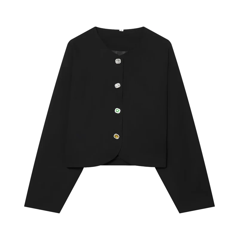 Damen Kurzblazer ohne Kragen mit Schmuckknöpfen und kurzem Cropped‑Schnitt Drune