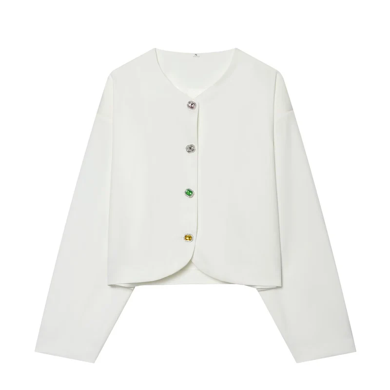 Damen Kurzblazer ohne Kragen mit Schmuckknöpfen und kurzem Cropped‑Schnitt Drune