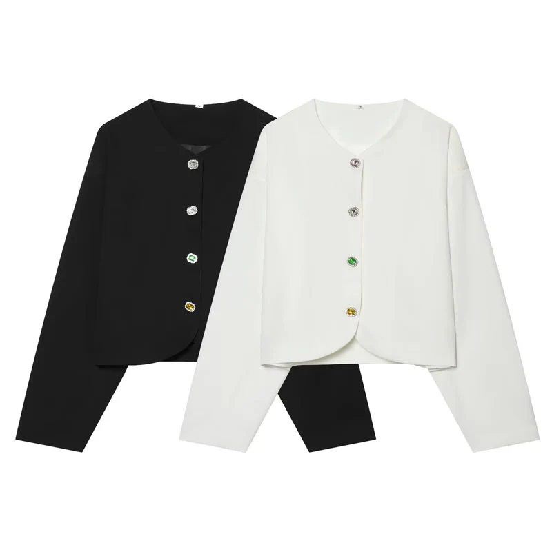Damen Kurzblazer ohne Kragen mit Schmuckknöpfen und kurzem Cropped‑Schnitt Drune
