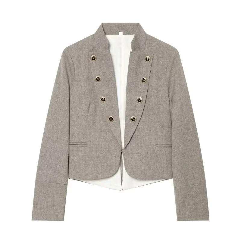 Damen Kurzblazer im Military-Stil mit Stehkragen und dekorativen Knopfreihen Drune