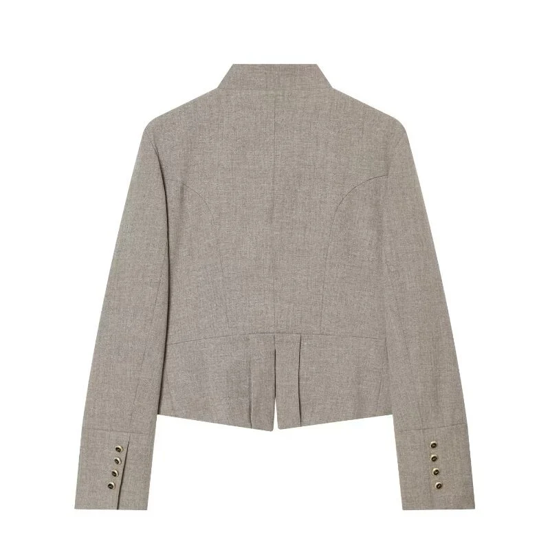 Damen Kurzblazer im Military-Stil mit Stehkragen und dekorativen Knopfreihen Drune