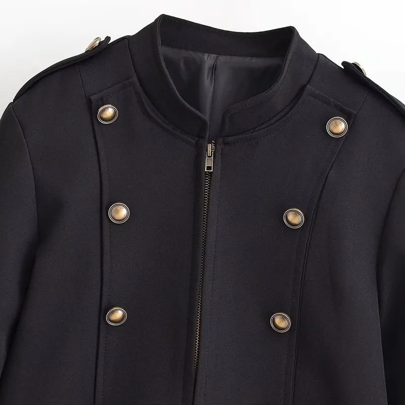 Damen Kurzblazer im Military-Look mit Stehkragen, Zierknopfreihe und Reißverschluss Drune