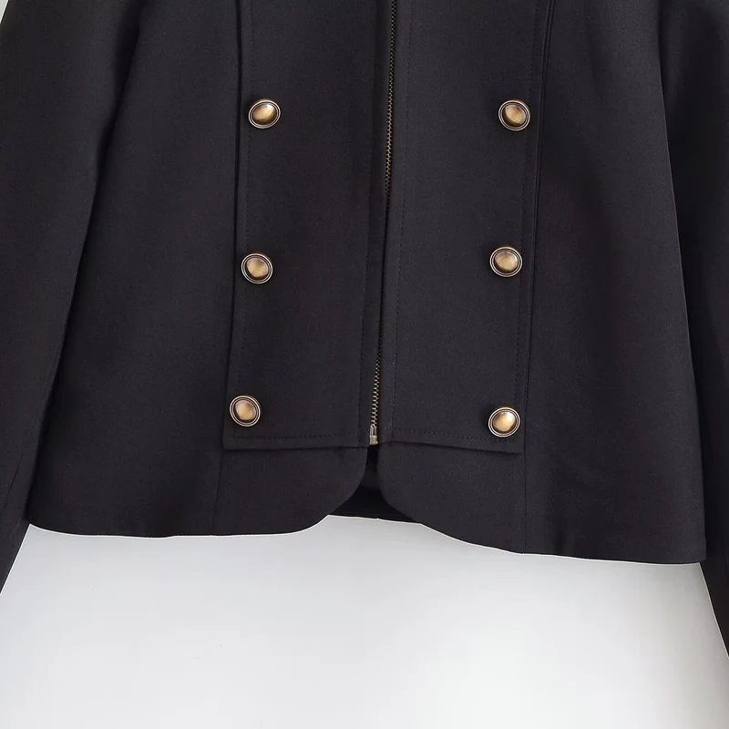 Damen Kurzblazer im Military-Look mit Stehkragen, Zierknopfreihe und Reißverschluss Drune