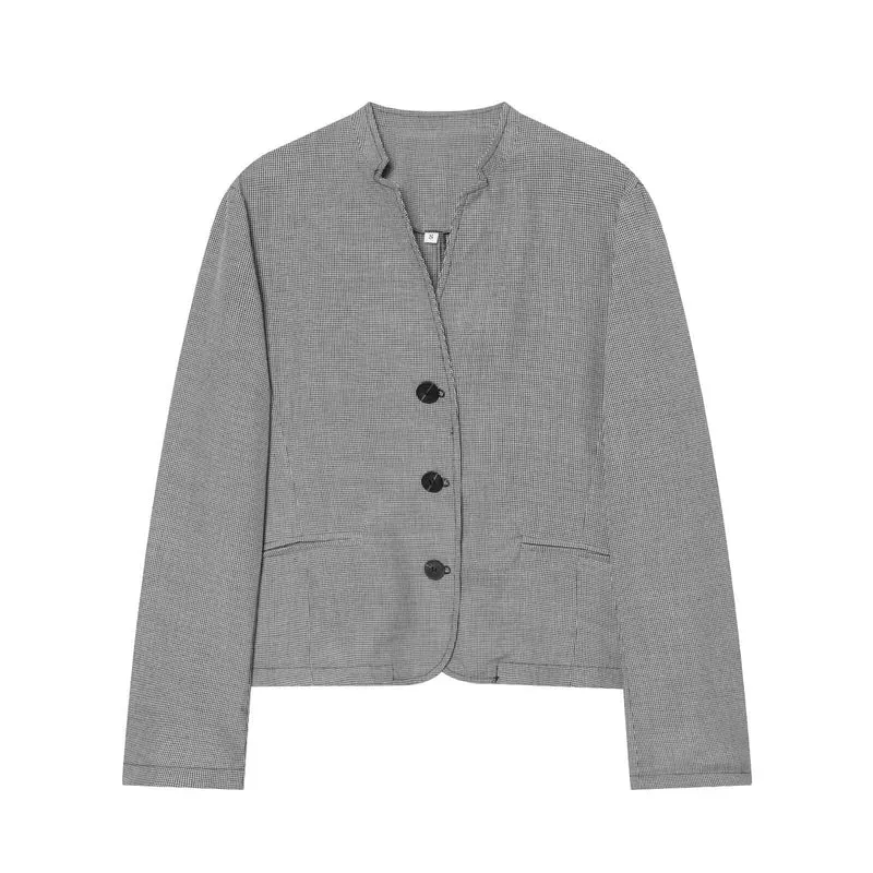 Damen Kurzblazer im Hahnentritt‑Muster mit Stehkragen und taillierter Cropped‑Silhouette Drune