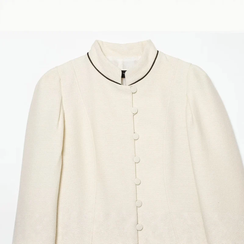 Damen Kurzblazer im Bouclé‑Look mit Stehkragen, dekorativen Knöpfen und Kontrastpaspel Drune
